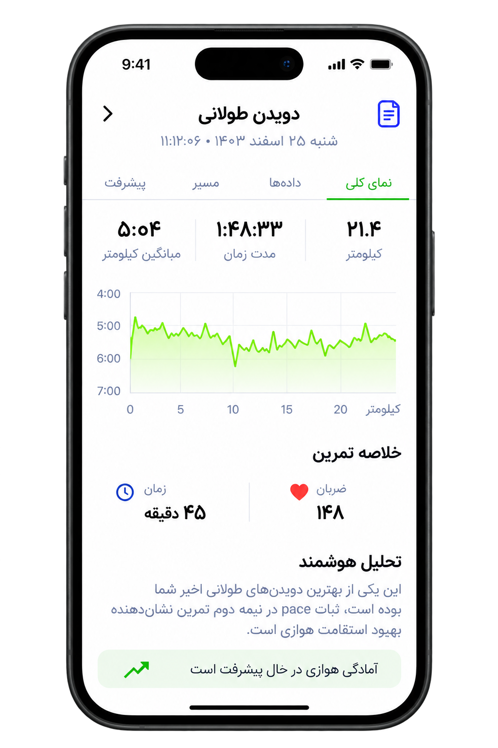 موکاپ آیفون با صفحهٔ پیش‌نمایش تحلیل هوشمند تمرین