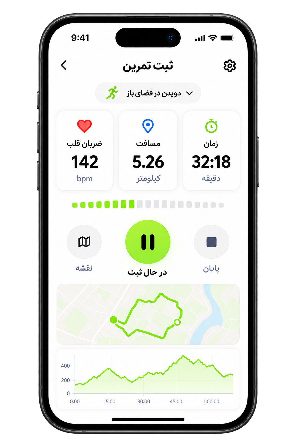 موکاپ آیفون با صفحهٔ ثبت تمرین؛ زمان ۳۲:۱۸، مسافت ۵٫۲۶ کیلومتر و ضربان ۱۴۲